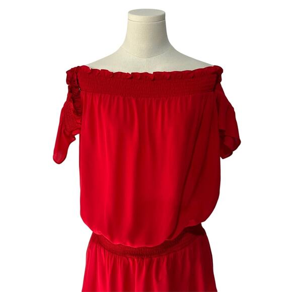 Amanda Uprichard Off Shoulder Smock Waist Red Lined Mini Dress Measures Sml/Med - Picture 5 of 11